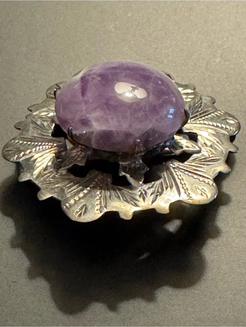 Vintage British Sterling Silver Amethyst Brooch - Hallmarked J&S
